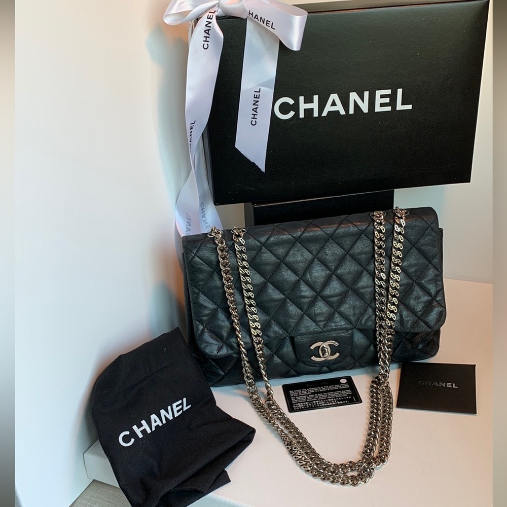 RARE🖤 CHANEL Modern Black Maxi Bijoux Chain Lamb Leather Quilted Flap Silver HW - Picture 14 of 16